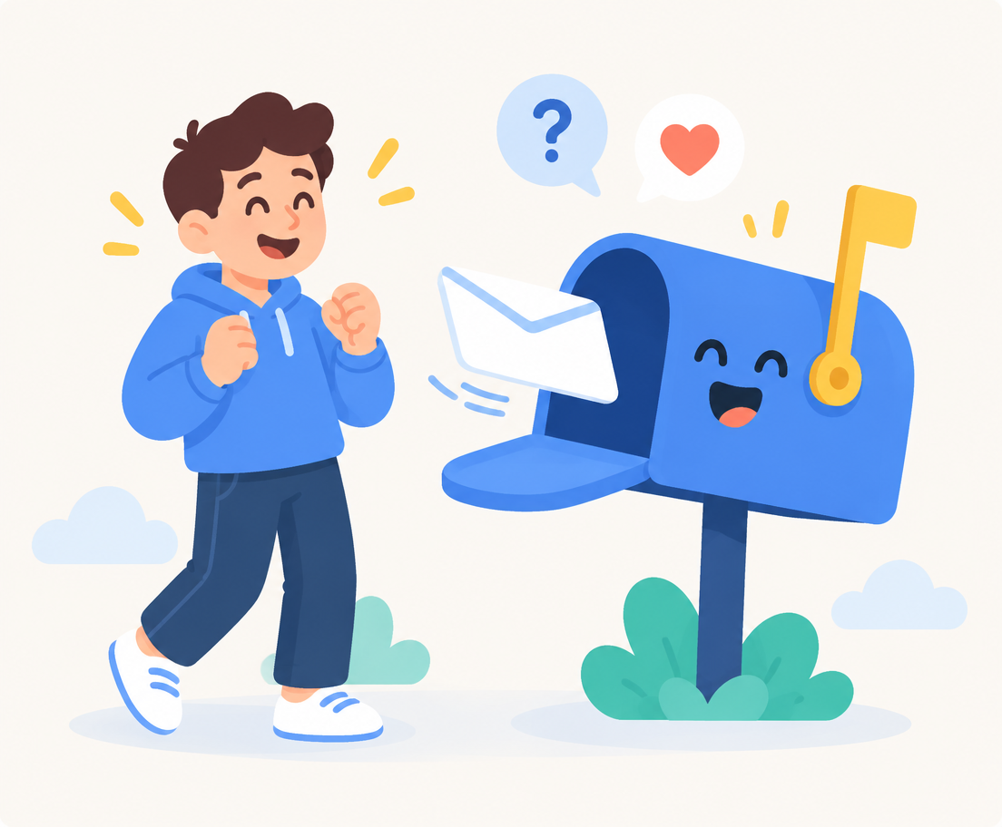 A friendly cartoon person beside a mailbox with a letter on its way
